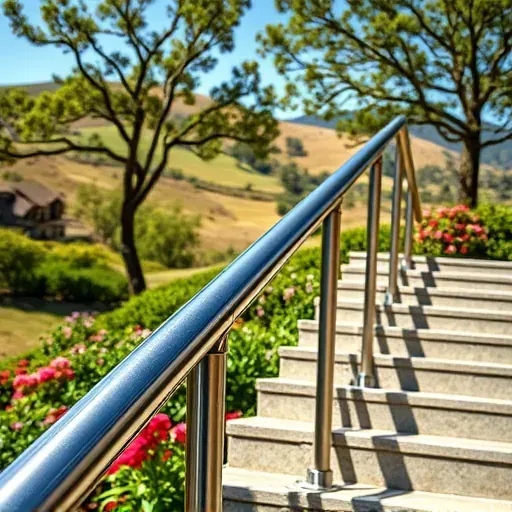 Freshly installed polished metal handrail on outdoor staircase in Vista California with lush greenery and scenic landscape