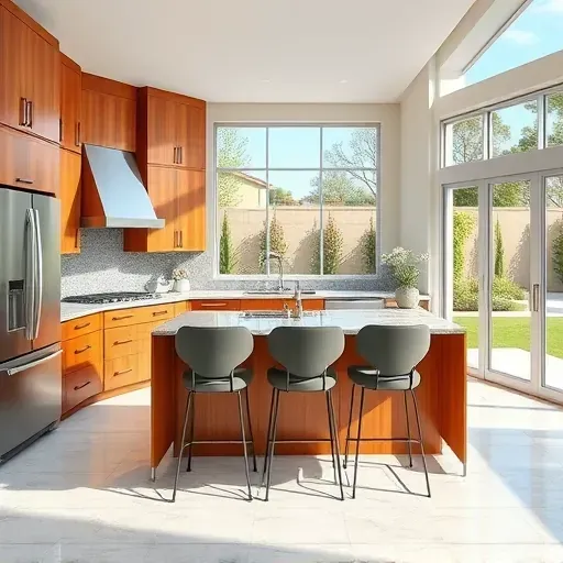 Renovated University City CA kitchen with modern design featuring granite countertops stainless steel appliances and custom wood cabinetry