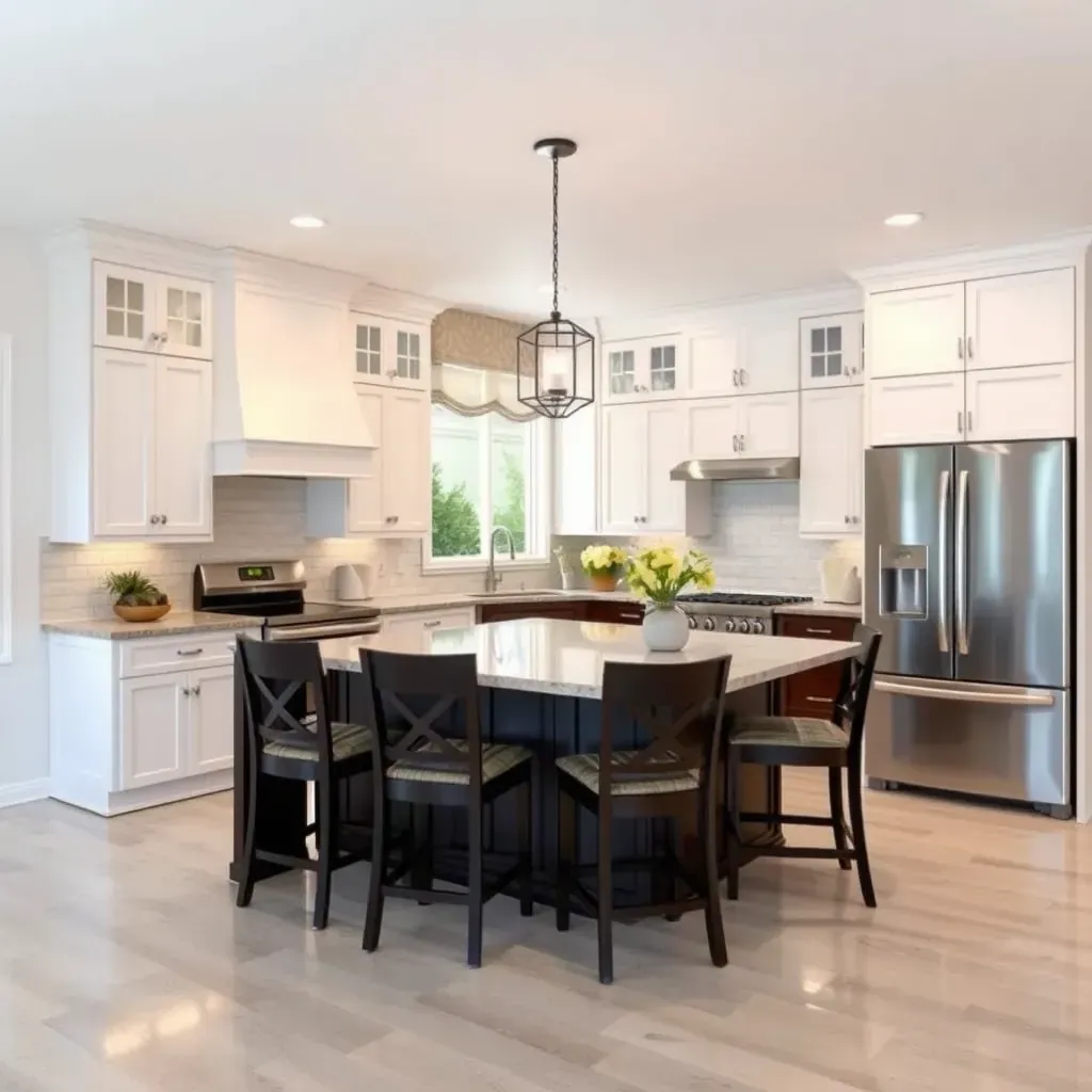 Modern Poway kitchen with sleek cabinetry, quartz countertops, large windows, stainless appliances, and hardwood floors.