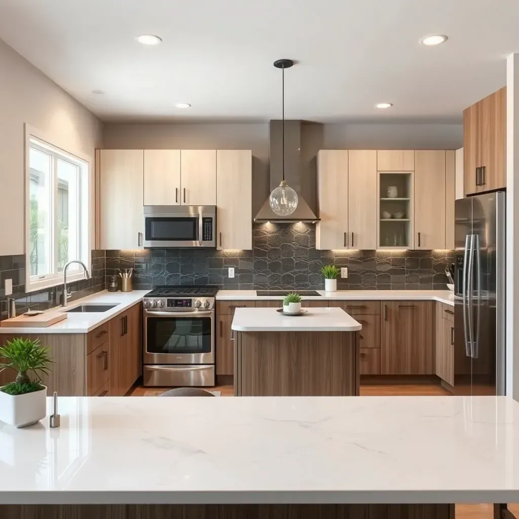 Modern kitchen in Normal Heights, CA with white shaker cabinets, quartz countertops, subway tile backsplash, stainless steel appliances.