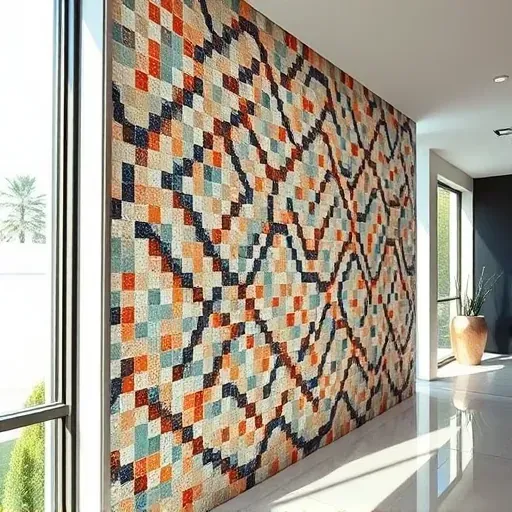 Colorful intricate mosaic tile wall in modern Vista California interior with natural light highlighting craftsmanship