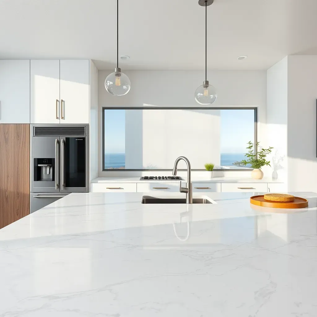 Modern Vista, CA kitchen countertop with polished granite surface, beige and gray veining, overlooking suburban neighborhood.