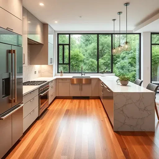 Modern Jesmond Dene kitchen with sleek matte cabinetry stainless steel appliances marble island hardwood floors lush garden view