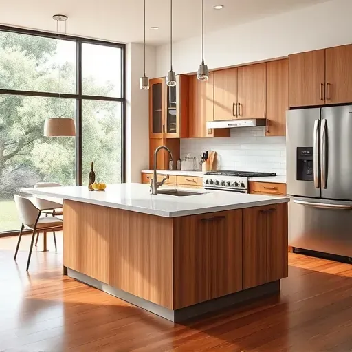 Professionally renovated kitchen in Rancho Penasquitos with sleek wood cabinetry, quartz island, and stainless steel appliances.