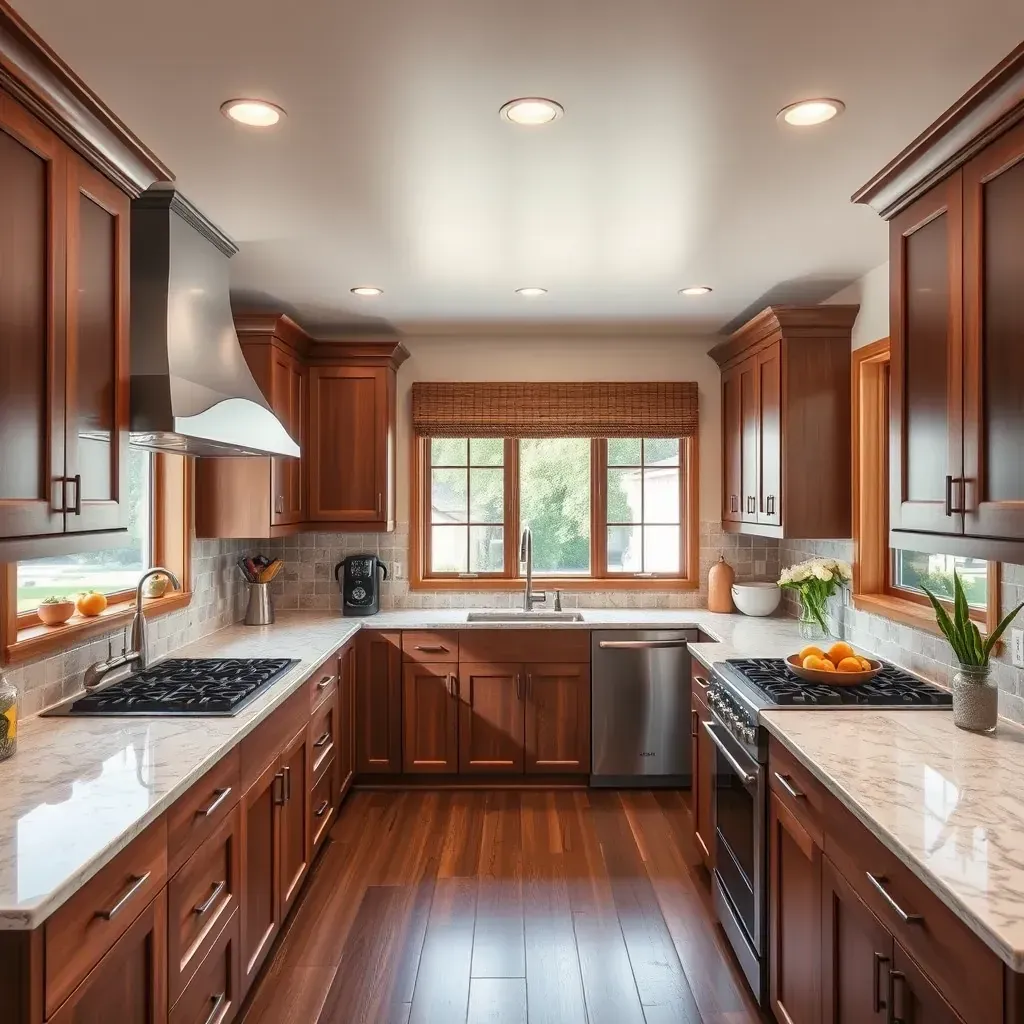 Modern Twin Oaks Valley kitchen with white marble counters, sage green cabinets, wood floors, and stainless appliances.