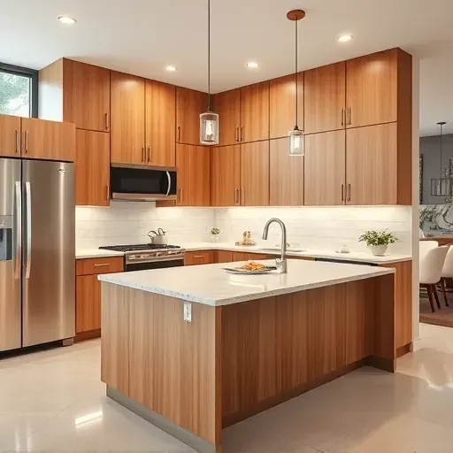 Modern fallbrook kitchen with wood cabinets stainless steel appliances marble countertops and open bright design