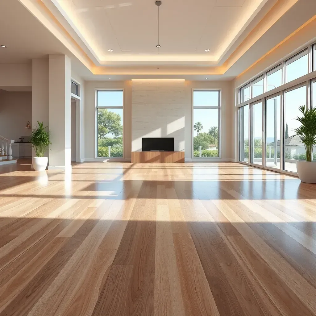 Close-up of warm oak hardwood flooring with natural grain, knots, and polished finish in a stylish Vista, CA home.