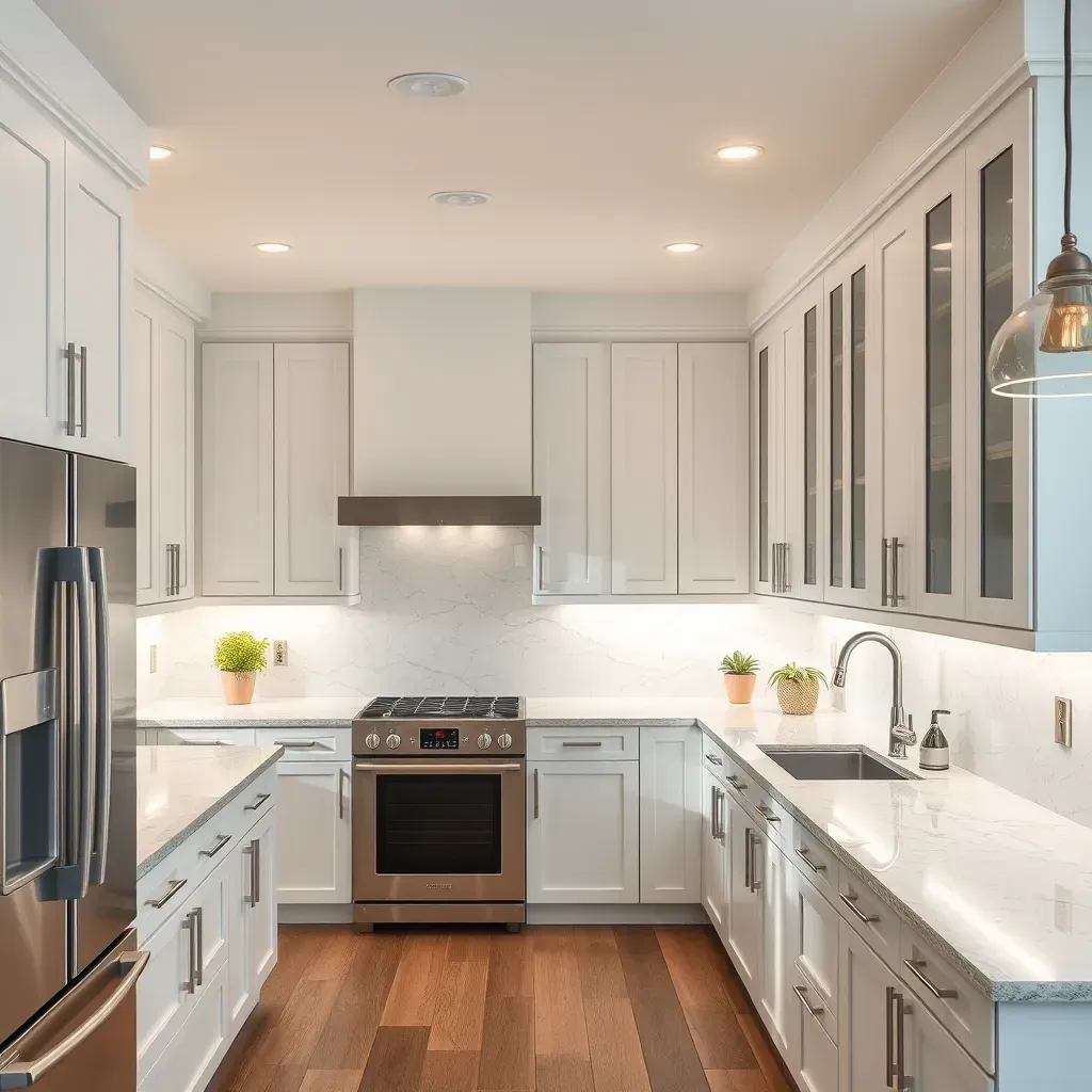 Modern Vista, CA kitchen with quartz counters, custom cabinets, stainless appliances, and hardwood floors.