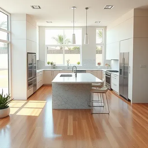 Recently remodeled modern kitchen in Carlsbad CA with sleek matte cabinets granite countertops large windows hardwood floors and coastal-inspired decor
