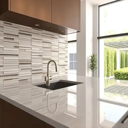 Flawlessly installed ceramic and glass tile backsplash and countertop in a modern Vista CA kitchen with natural light and lush garden views