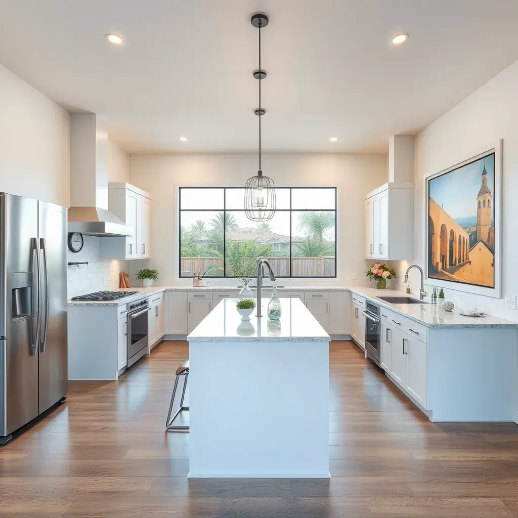Remodeling a modern home in Fallbrook, CA with new paint, large windows, landscaped yard, tools, and California scenery.