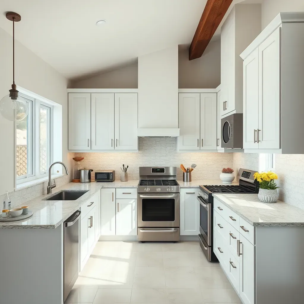 Remodeled Olivenhain, CA kitchen with modern cabinets, stainless steel appliances, quartz countertops, and abundant natural light.