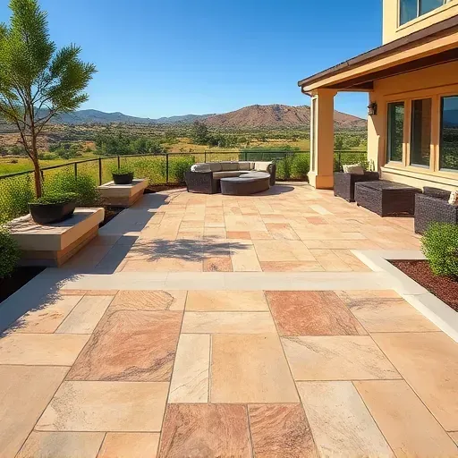 Finished natural stone tile outdoor patio in Vista California with lush greenery, scenic hills, and stylish seating