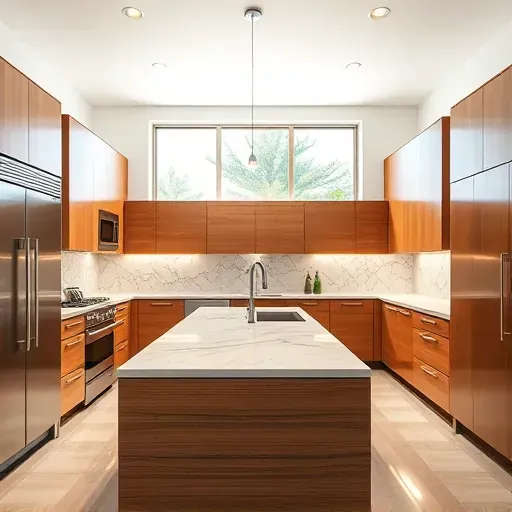 Custom modern kitchen in Vista California with natural wood cabinets stainless steel appliances marble island and natural light