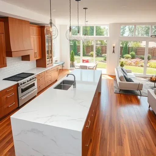 Modern kitchen in Scripps Ranch CA with white marble countertops, warm wood cabinets, central island, subway backsplash, hardwood floors, and landscaped backyard views