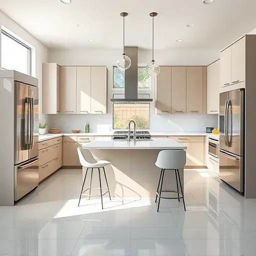 Completed kitchen remodel in Vista CA features modern cabinetry, quartz counters, and elegant lighting in an open space.