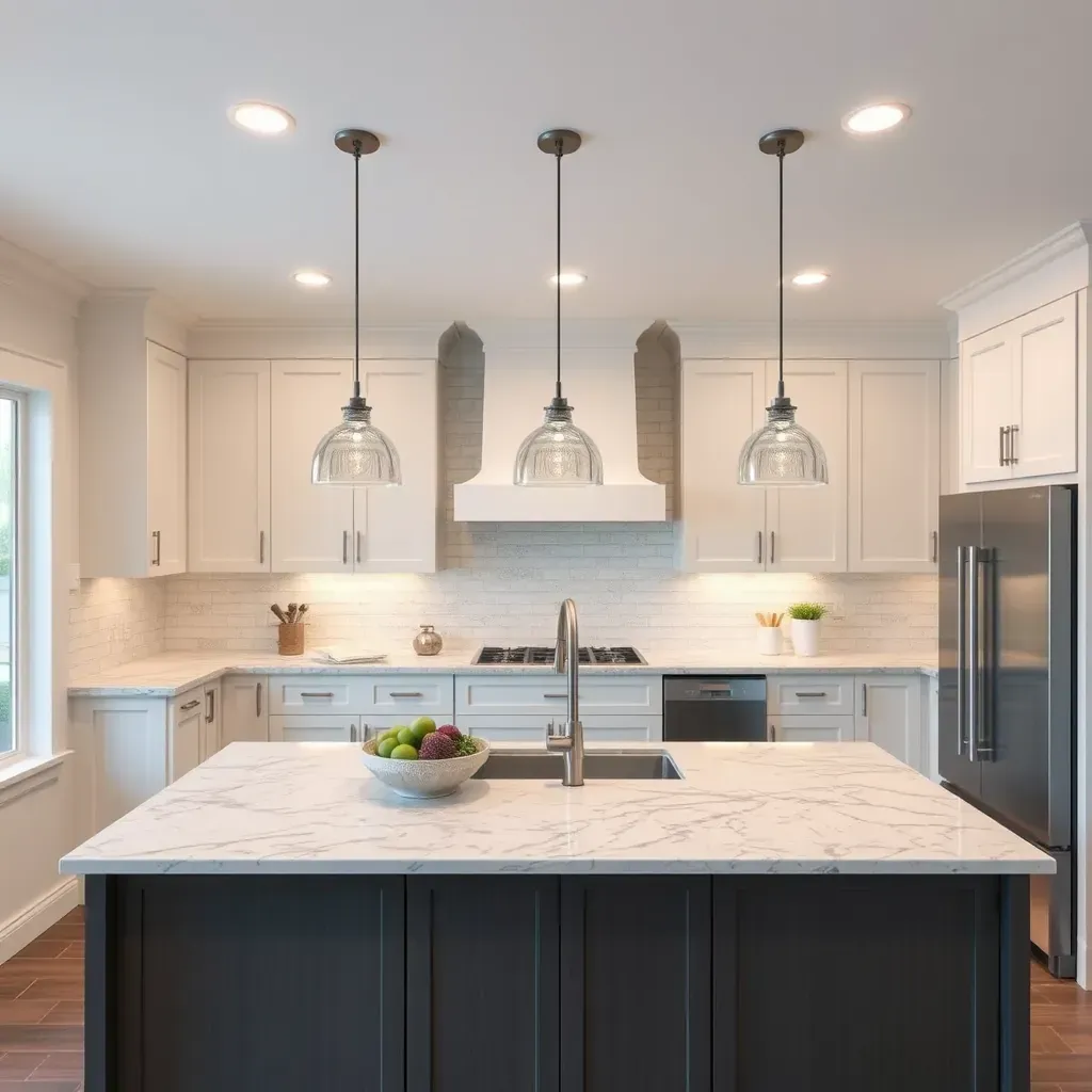 Modern Hidden Meadows kitchen with sleek cabinets, quartz island, stainless appliances, natural stone backsplash, and scenic mountain views.
