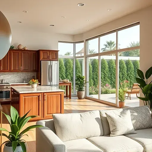 Modern kitchen in Hidden Meadows CA with stainless steel appliances, granite countertops, and a bright spacious living room.