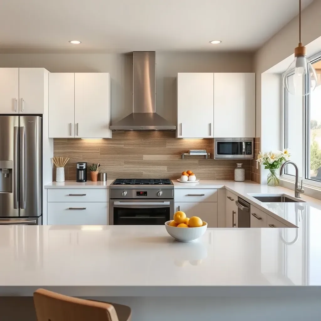 Modern Solana Beach kitchen with sleek cabinetry, white quartz countertops, ocean-inspired backsplash, and coastal decor.