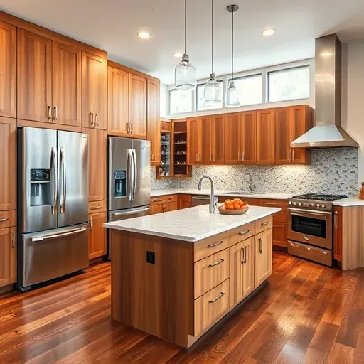 Modern kitchen in Bonsall California with wood cabinets granite countertops stainless steel appliances and a central quartz island