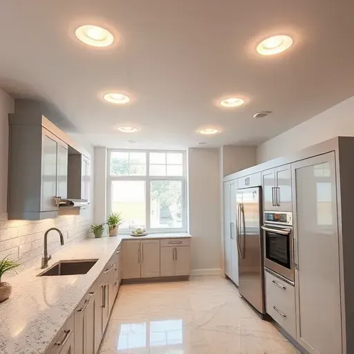 Finished Vista CA modern kitchen with recessed LED lighting, granite countertops, stainless steel appliances, and minimalist cabinetry