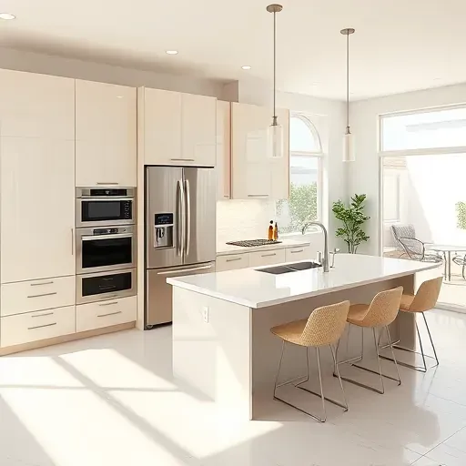 Custom modern kitchen in Vista California with sleek cabinetry, quartz countertops, stainless appliances, island, and natural light