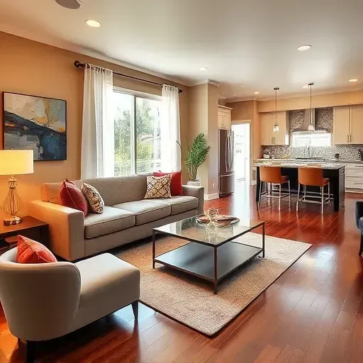 Elegantly designed living room in Carmel Mountain Ranch with modern furnishings and open-concept kitchen, showcasing sophistication.