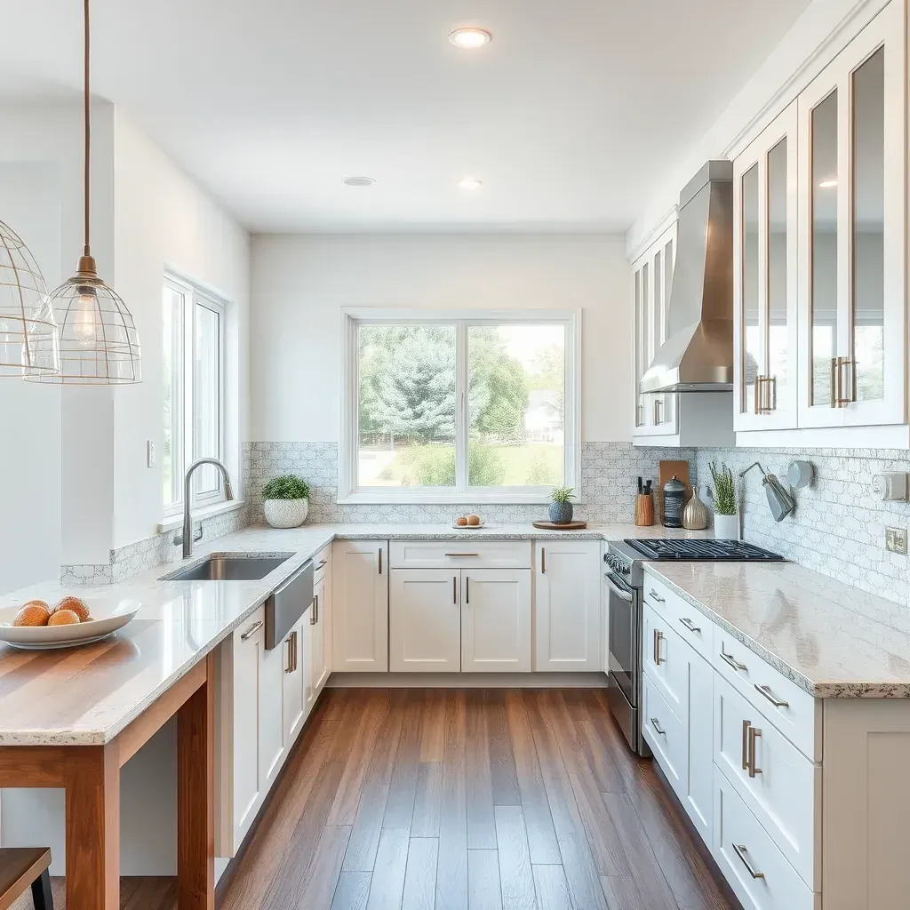 Modern university city kitchen with natural light, white quartz counters, black island, wooden cabinetry, stainless appliances, and a herb garden.