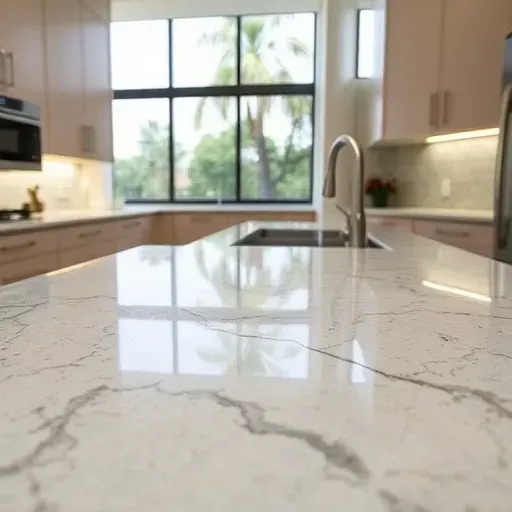 Close-up of a polished natural stone countertop with veining in a modern kitchen with neutral cabinets and sunlight.