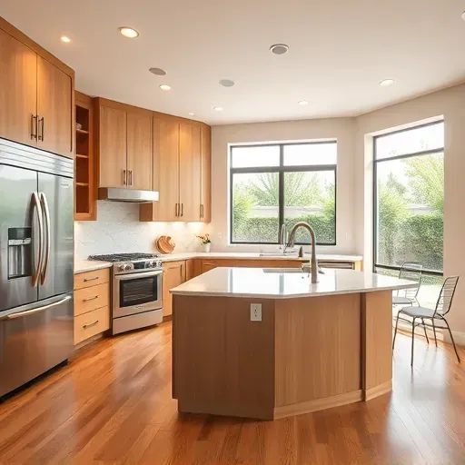 Remodeled Sabre Springs kitchen with warm wood cabinets stainless steel appliances quartz island lush greenery view polished hardwood floors