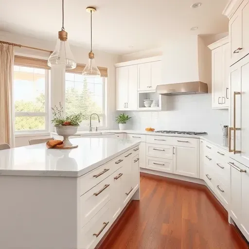 A modern kitchen in Encinitas, CA features white cabinetry, quartz countertops, hardwood flooring, and stylish accents.