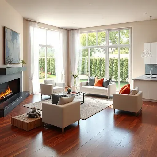 Modern living room in Clairemont CA with elegant furniture, cozy fireplace, and lush garden view through large windows.