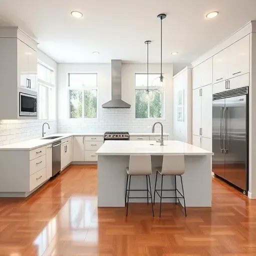 Finished modern kitchen in Clairemont CA with sleek cabinetry quartz countertops subway tile backsplash stainless steel appliances hardwood floors open layout and island