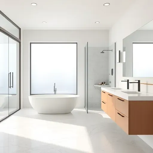 Recently remodeled modern bathroom in Vista CA with a freestanding tub, walk-in shower, sleek vanity, and neutral color palette