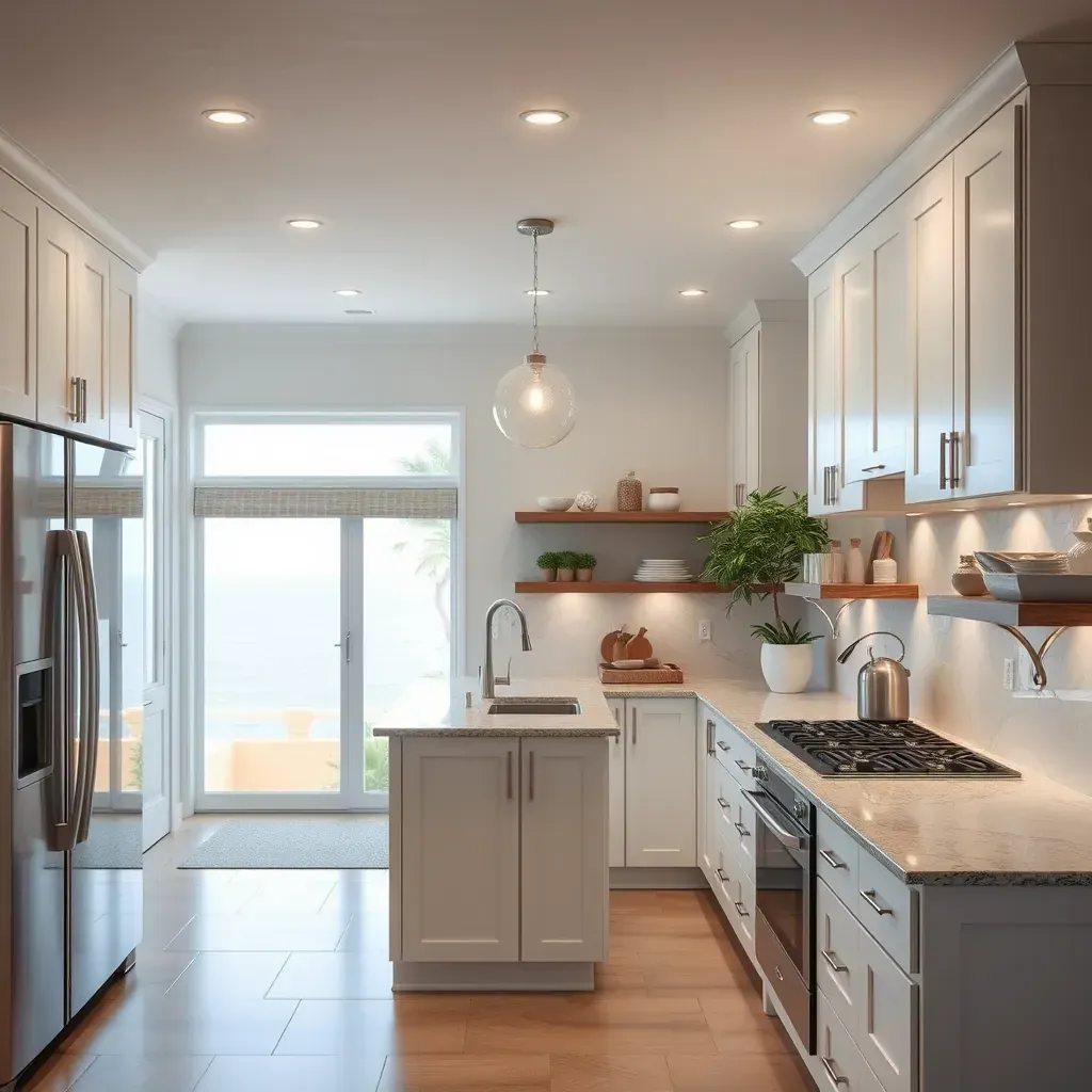 A modern kitchen remodel in Solana Beach, CA features sleek cabinets, granite countertops, and stylish lighting fixtures.