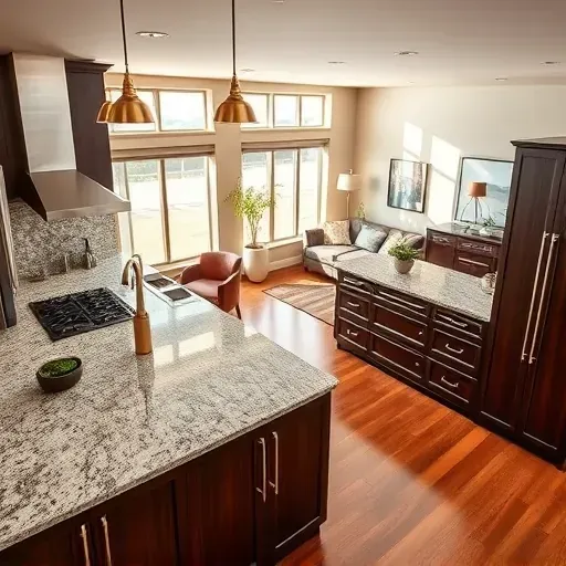 Completed home remodel in Black Mountain Ranch CA featuring a modern kitchen with granite counters and dark wood cabinetry.