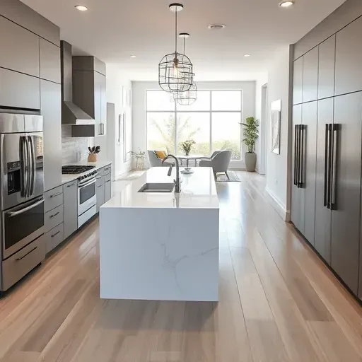 Remodeled kitchen in Sabre Springs CA featuring gray cabinets, quartz countertops, stainless steel appliances, and hardwood floors.