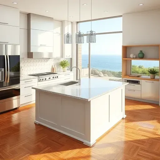 Renovated Del Mar kitchen with matte cabinets, granite island, stainless steel appliances, pendant lighting, hardwood floors and ocean view