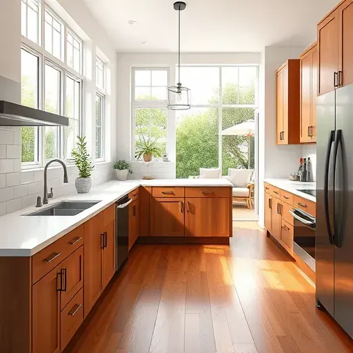 Renovated kitchen in Fallbrook CA featuring quartz countertops, warm cabinetry, stainless appliances, and a custom wood island.