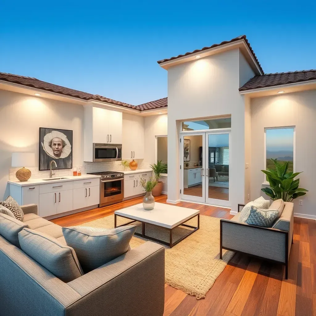A home remodeling scene in Pala Mesa, California, showcasing workers renovating a stylish, modern outdoor patio area.