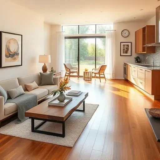 Modern living room in San Marcos with hardwood floors, large windows, stylish sofa, and elegant decor.