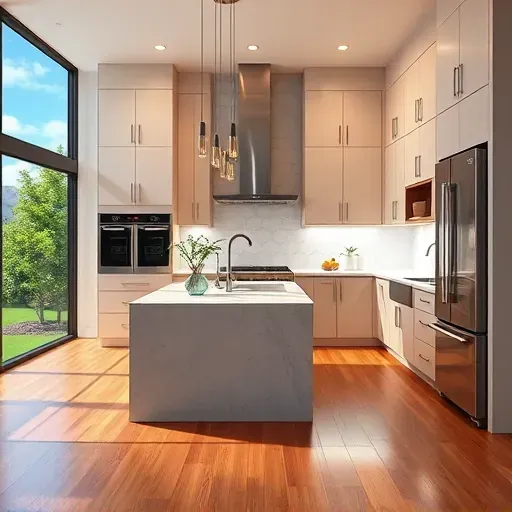 Renovated San Marcos kitchen with modern matte cabinets, stainless steel appliances, marble island, pendant lighting, and hardwood floors