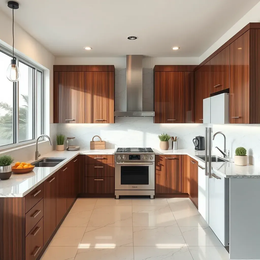 Modern Mira Mesa kitchen with white cabinets, walnut counters, stainless steel appliances, natural light, and polished quartz island.