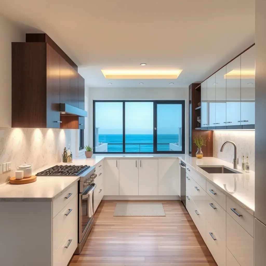 Modern kitchen renovation in Solana Beach, featuring sleek cabinets, island, stainless appliances, and ocean view windows.