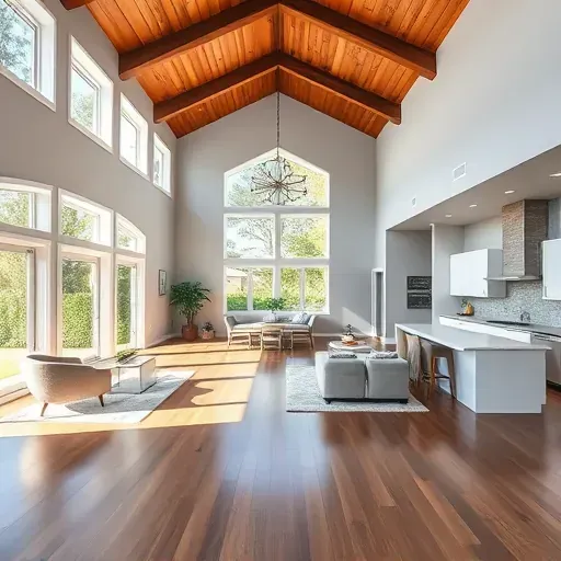 Home remodeling in Del Dios, CA, highlighting an open-concept space with vaulted ceilings, a modern kitchen, and natural light.