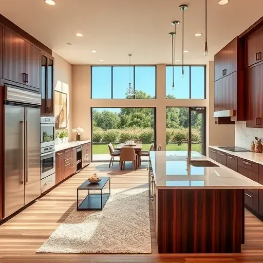 Modern kitchen remodel in Fallbrook CA features custom mahogany cabinetry, marble island, and stainless steel appliances.