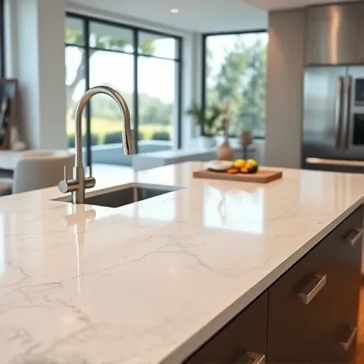 Meticulously installed quartz countertop in a modern kitchen with seamless design, subtle veining, stainless steel appliances, and natural light