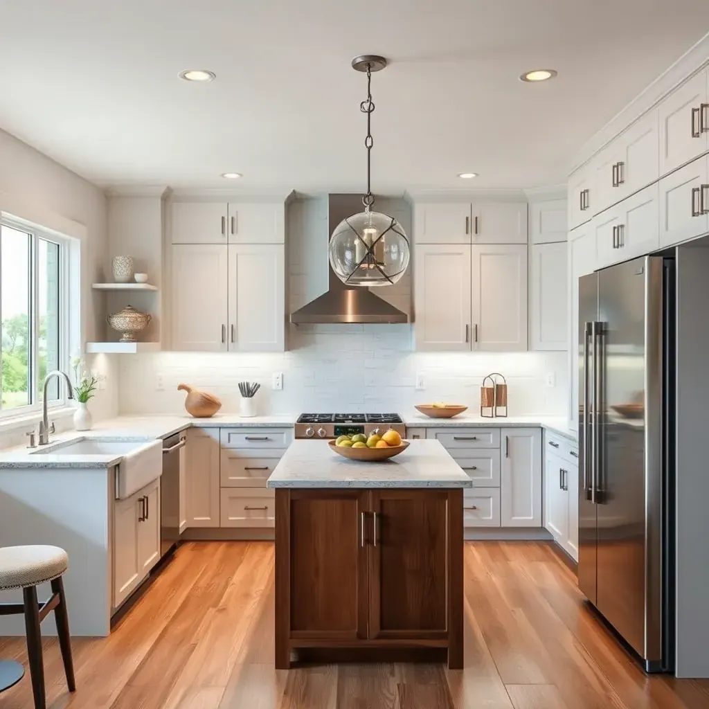 Modern coastal kitchen in Cardiff-by-the-Sea with ocean views, driftwood cabinets, quartz island, blue tiles, and warm hardwood floors.
