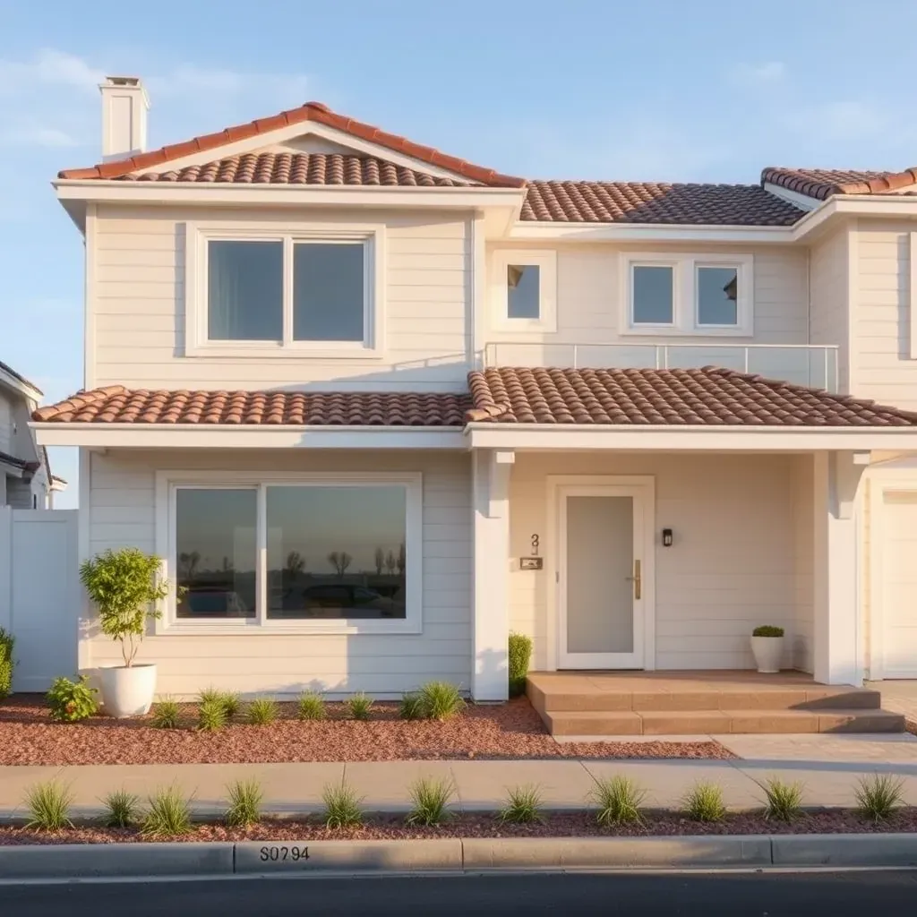 Coastal home renovation in Cardiff-by-the-Sea, CA with scaffolding, new siding, palm trees, and ocean views on a sunny day.
