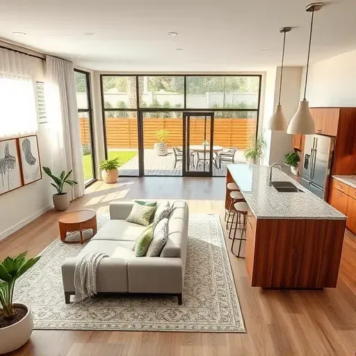 Modern remodeled kitchen and living area in San Marcos, CA, featuring high-end appliances, sleek cabinetry, and sunny decor.